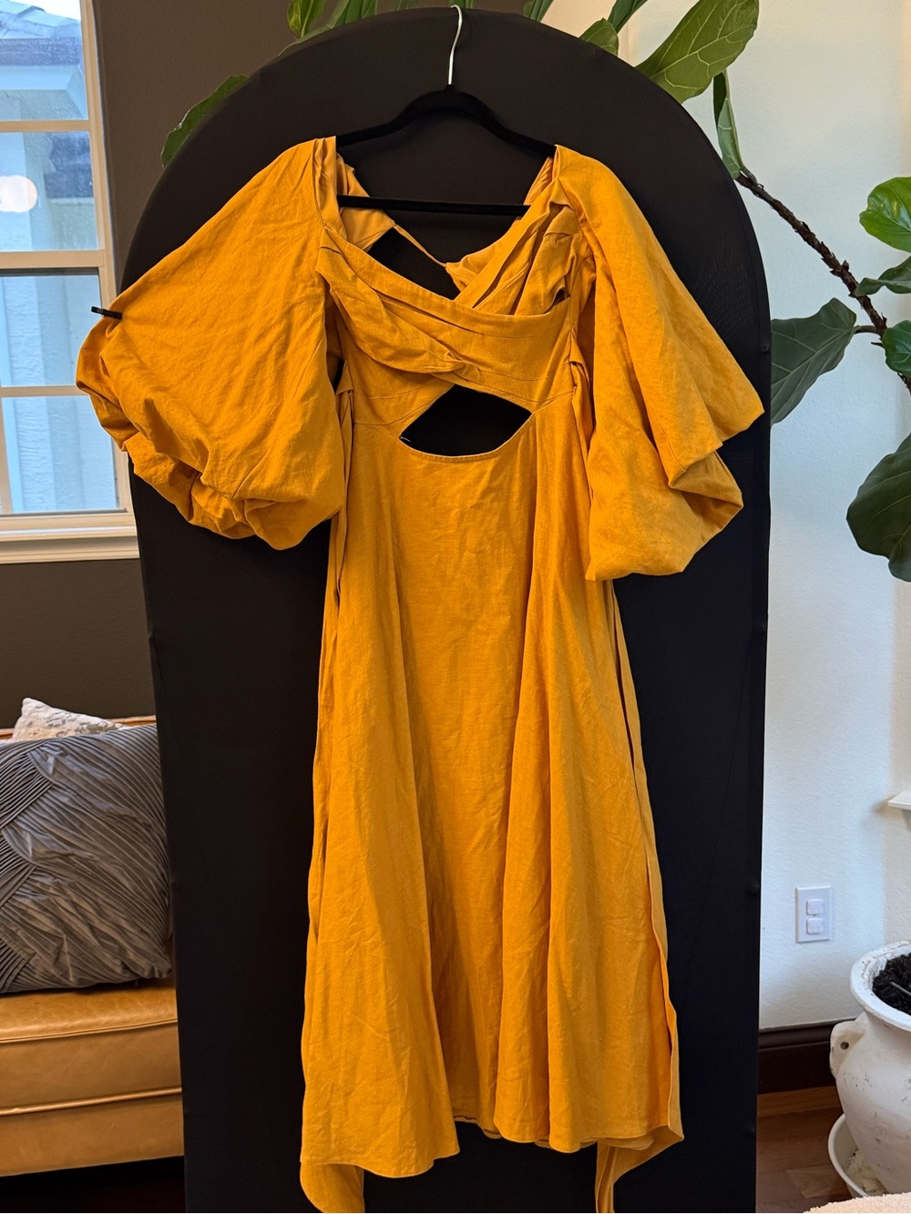 ASOS Mustard Yellow Midi Dress with Puff Sleeves and Front Cutout